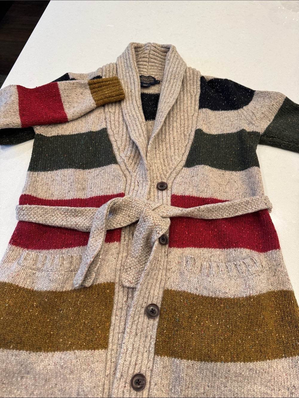 Patagonia camp stripe shawlCollar Striped Cardigan Beige Red, Green, Black, Gold